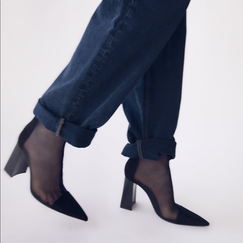 Zara Black Wide Heel Mesh Ankle Boots